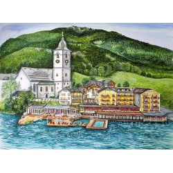 Real estate illustration of a hotel in the summer, commission illustration, Sankt Wolfgang, Austria