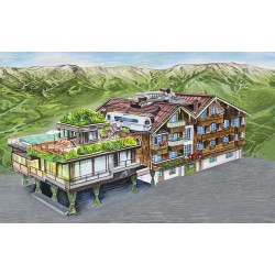 Real estate illustration of a hotel in the summer, commission illustration