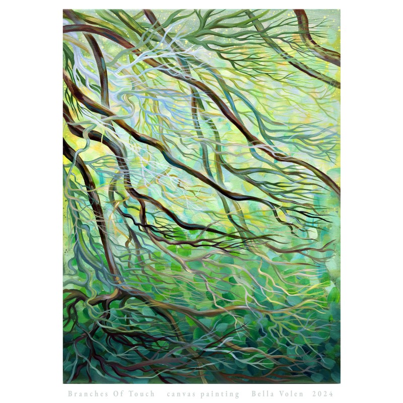 Zweige der Berührung, Natur-Acrylgemälde auf Leinwand von Bella Volen